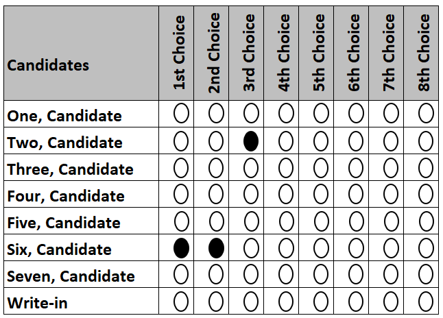 Example ballot with one candidate ranked for more than one choice