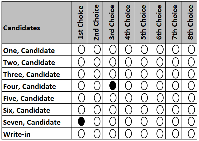 Example ballot with a first-choice candidate and one skipped ranking level